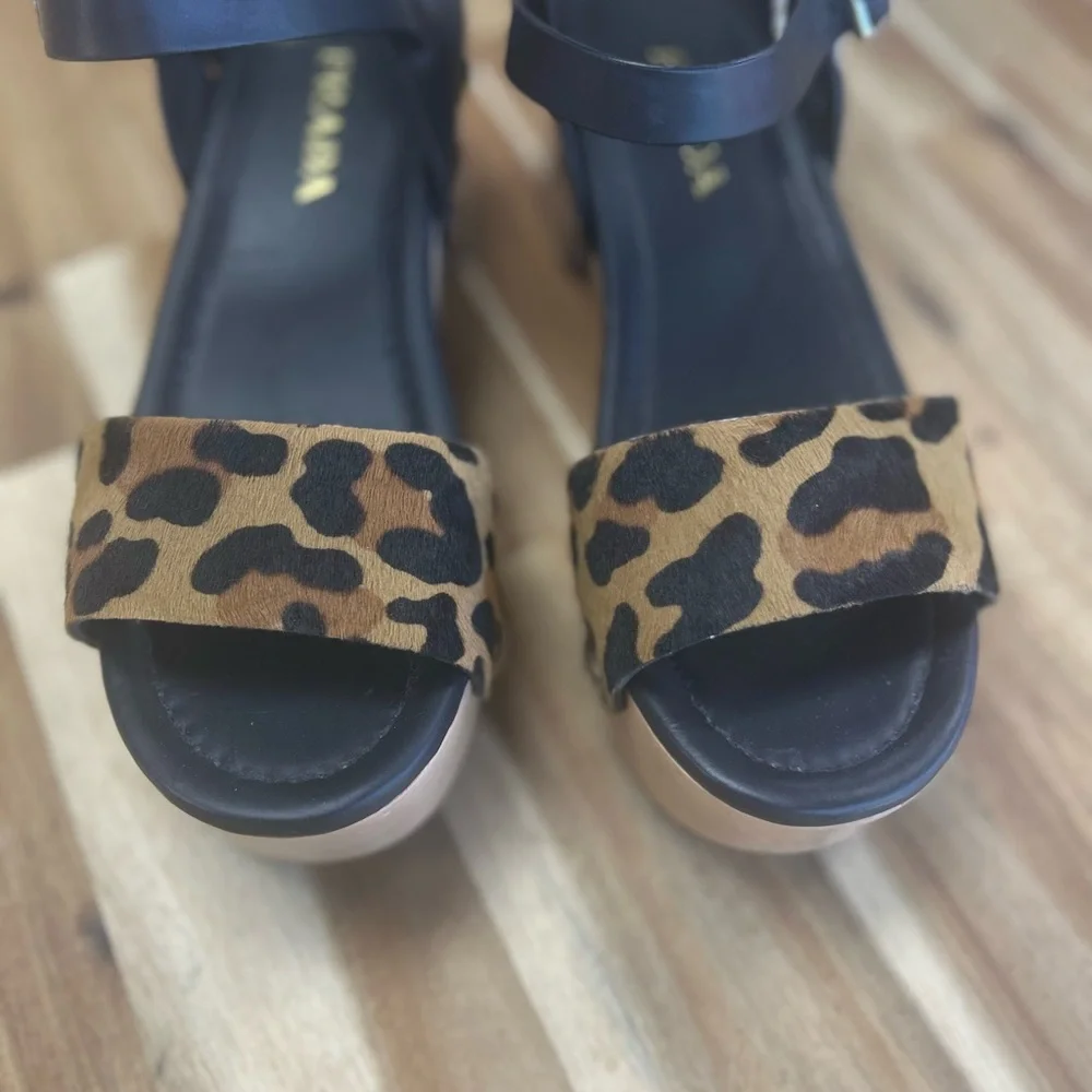 Prada Wood Studded Pony Hair Leopard Leather Buckle Clog Sandals RARE - Picture 3 of 8